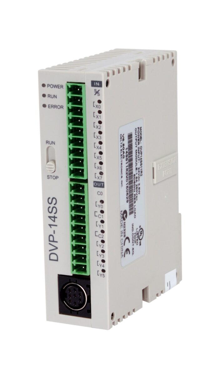 Delta DVP14SS211T PLC, 14-point slim controller with transistor outputs, 24V DC, RS-232/RS-485, DIN rail mount